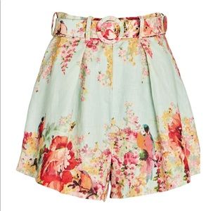 Zimmermann Mae Floral Belted Linen Shorts, size 0